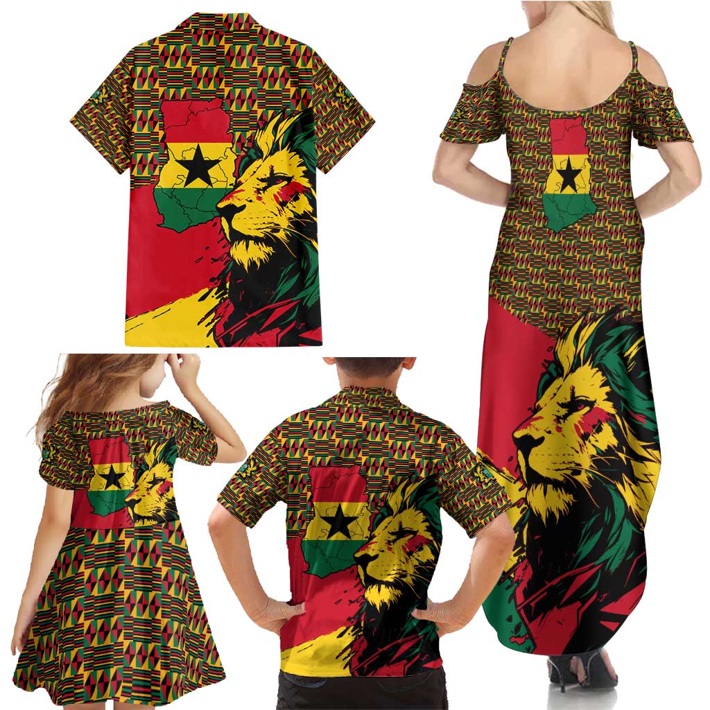 Ghana Lion Family Matching Summer Maxi Dress and Hawaiian Shirt - Map & Coat of Arms Grunge Style Design