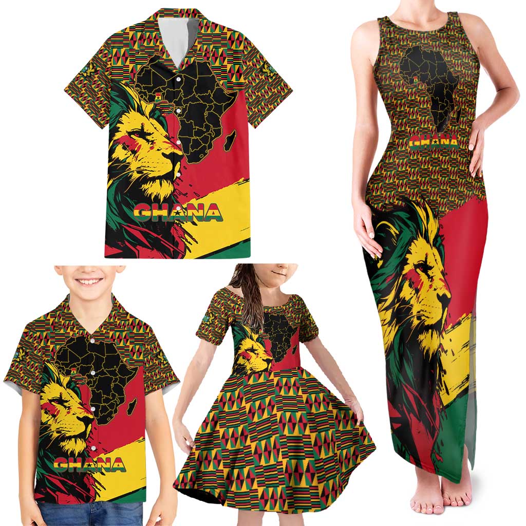 Ghana Lion Family Matching Tank Maxi Dress and Hawaiian Shirt - Map & Coat of Arms Grunge Style Design