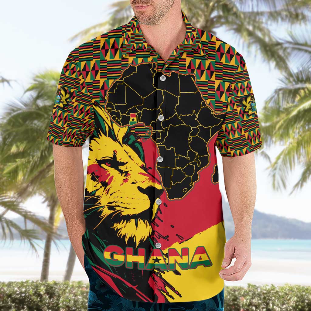 Ghana Lion Hawaiian Shirt - Map & Coat of Arms Grunge Style Design