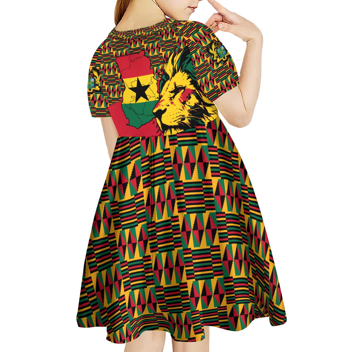 Ghana Lion Kid Short Sleeve Dress - Map & Coat of Arms Grunge Style Design