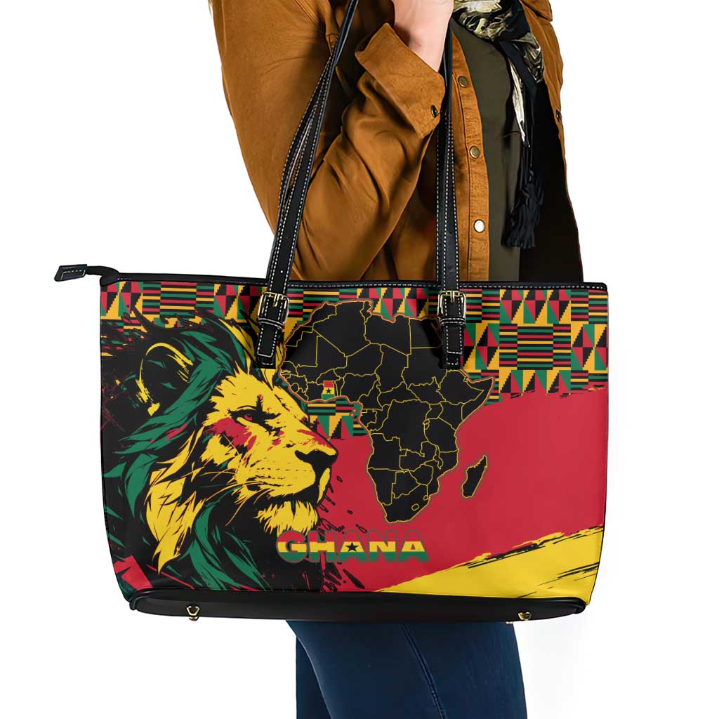 Ghana Lion Leather Tote Bag - Map & Coat of Arms Grunge Style Design