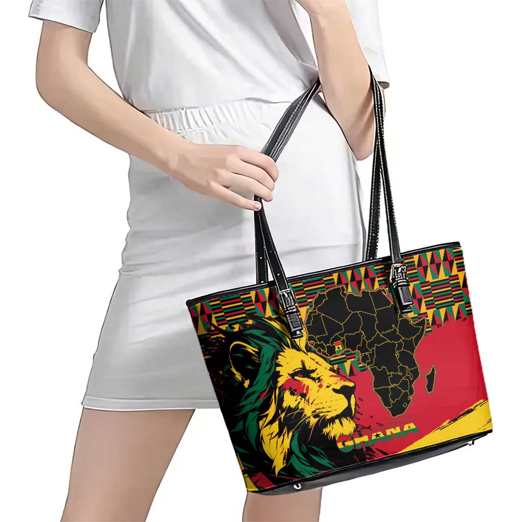 Ghana Lion Leather Tote Bag - Map & Coat of Arms Grunge Style Design