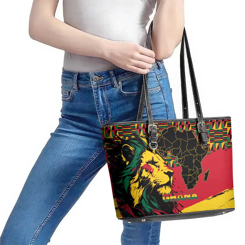 Ghana Lion Leather Tote Bag - Map & Coat of Arms Grunge Style Design