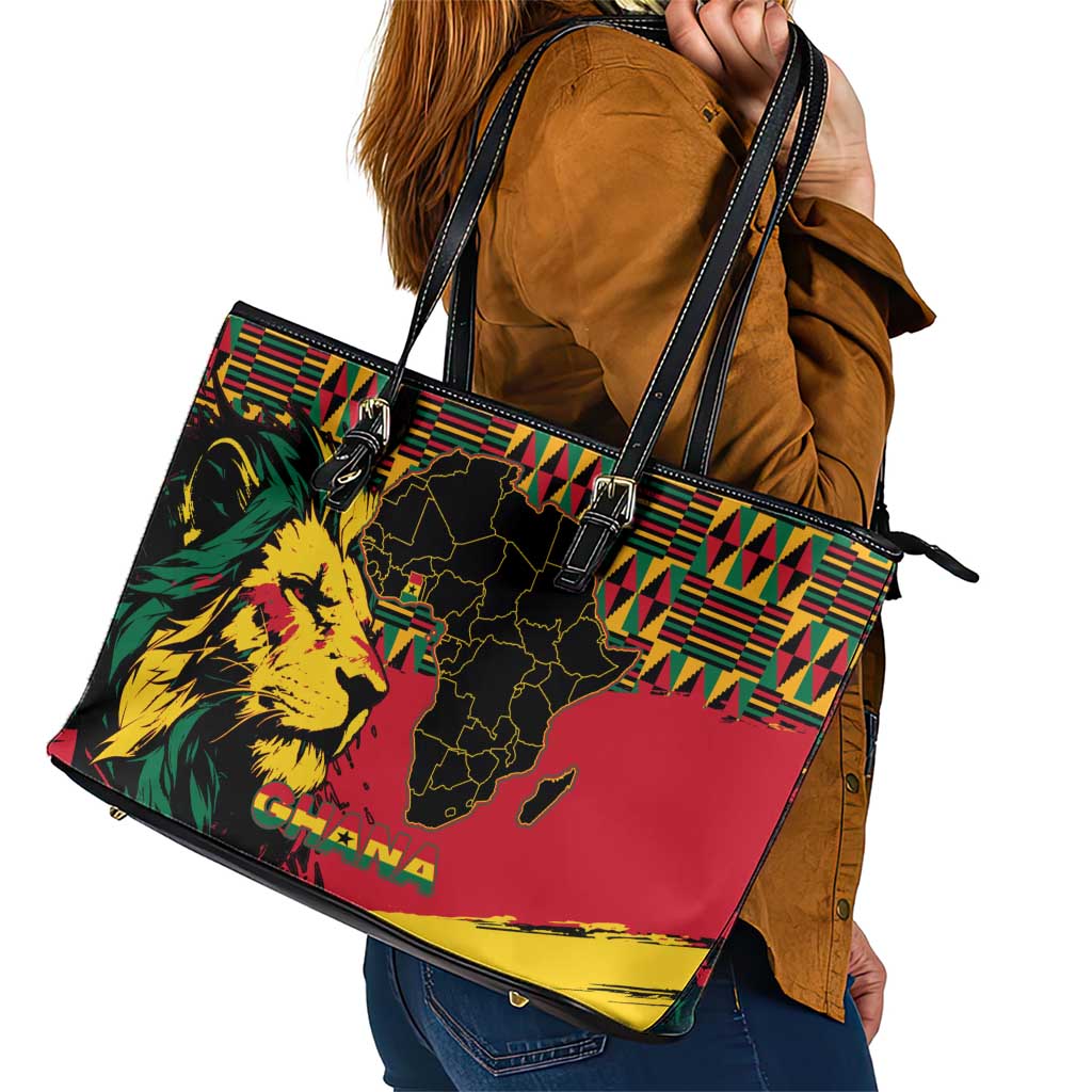 Ghana Lion Leather Tote Bag - Map & Coat of Arms Grunge Style Design