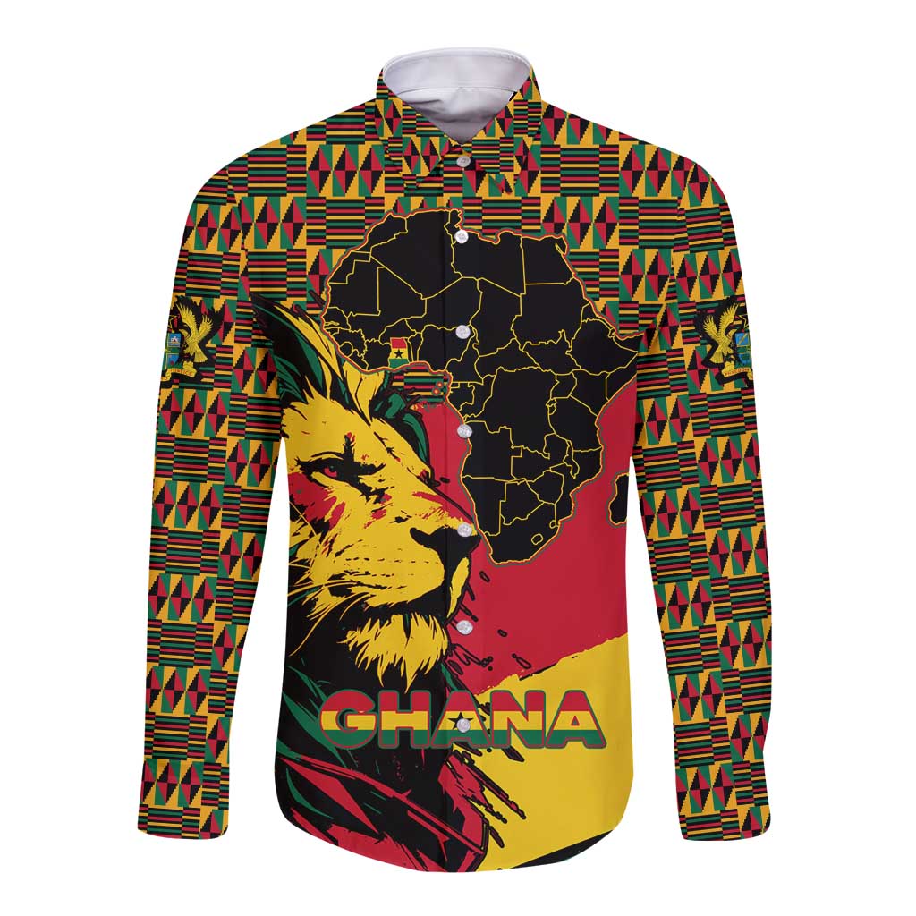 Ghana Lion Long Sleeve Button Shirt - Map & Coat of Arms Grunge Style Design