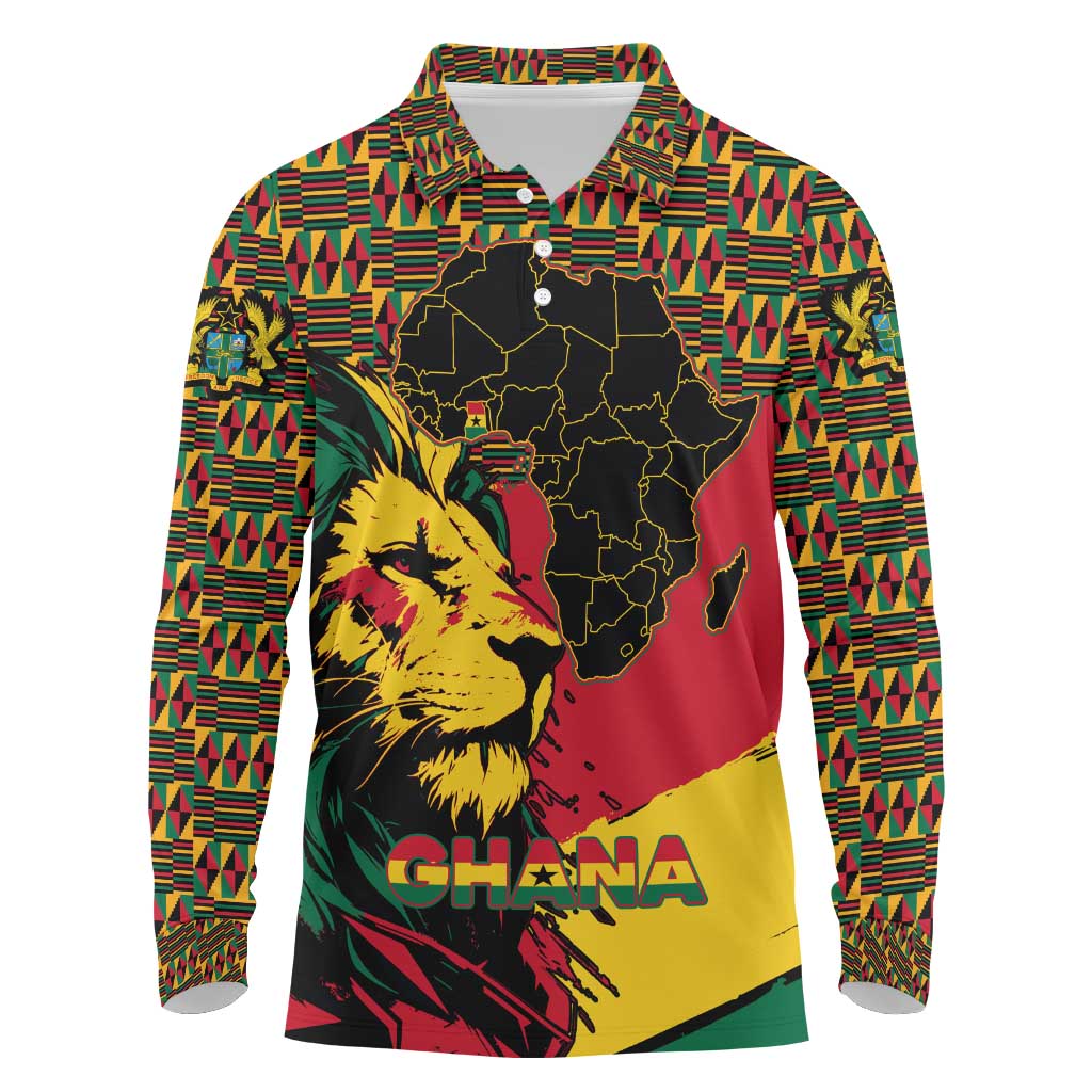 Ghana Lion Long Sleeve Polo Shirt - Map & Coat of Arms Grunge Style Design