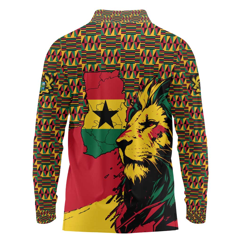 Ghana Lion Long Sleeve Polo Shirt - Map & Coat of Arms Grunge Style Design