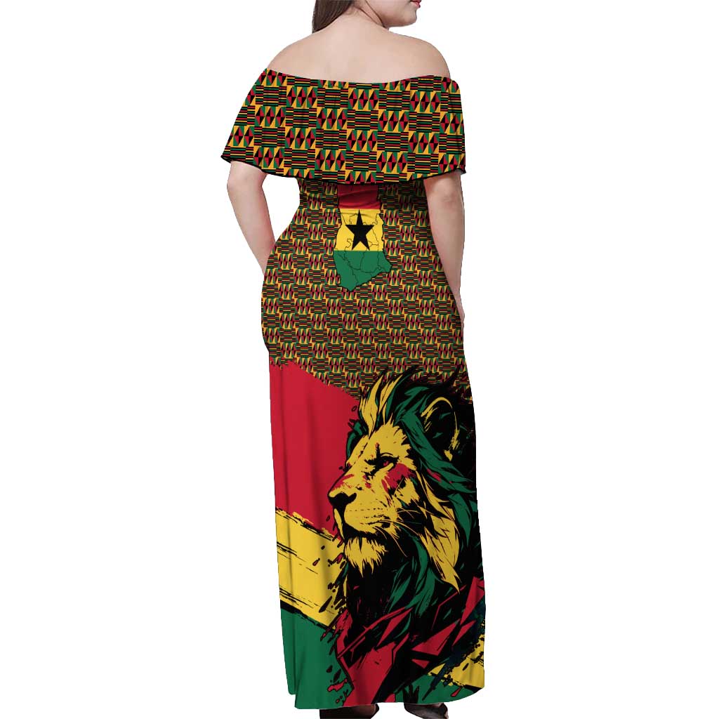 Ghana Lion Off Shoulder Maxi Dress - Map & Coat of Arms Grunge Style Design
