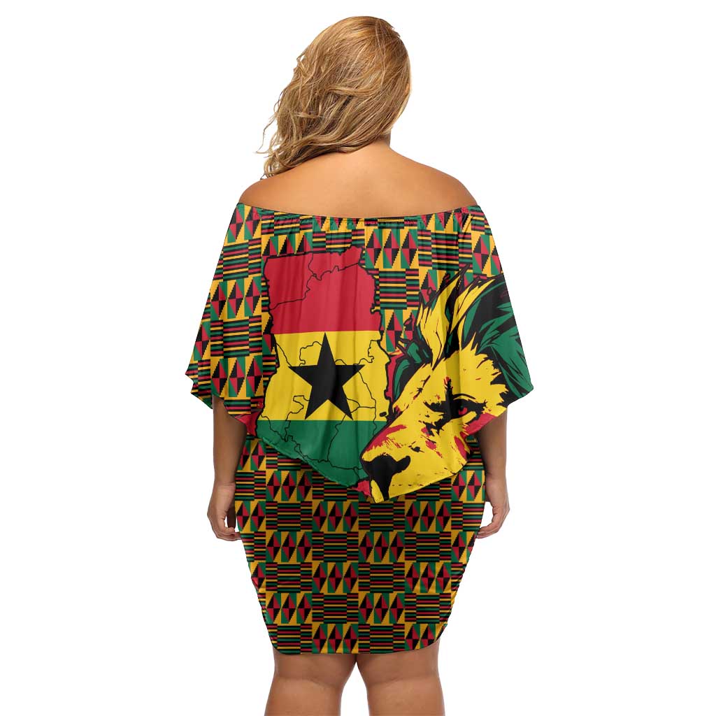 Ghana Lion Off Shoulder Short Dress - Map & Coat of Arms Grunge Style Design