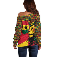 Ghana Lion Off Shoulder Sweater - Map & Coat of Arms Grunge Style Design