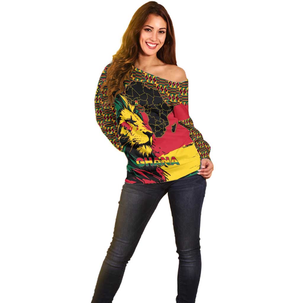 Ghana Lion Off Shoulder Sweater - Map & Coat of Arms Grunge Style Design