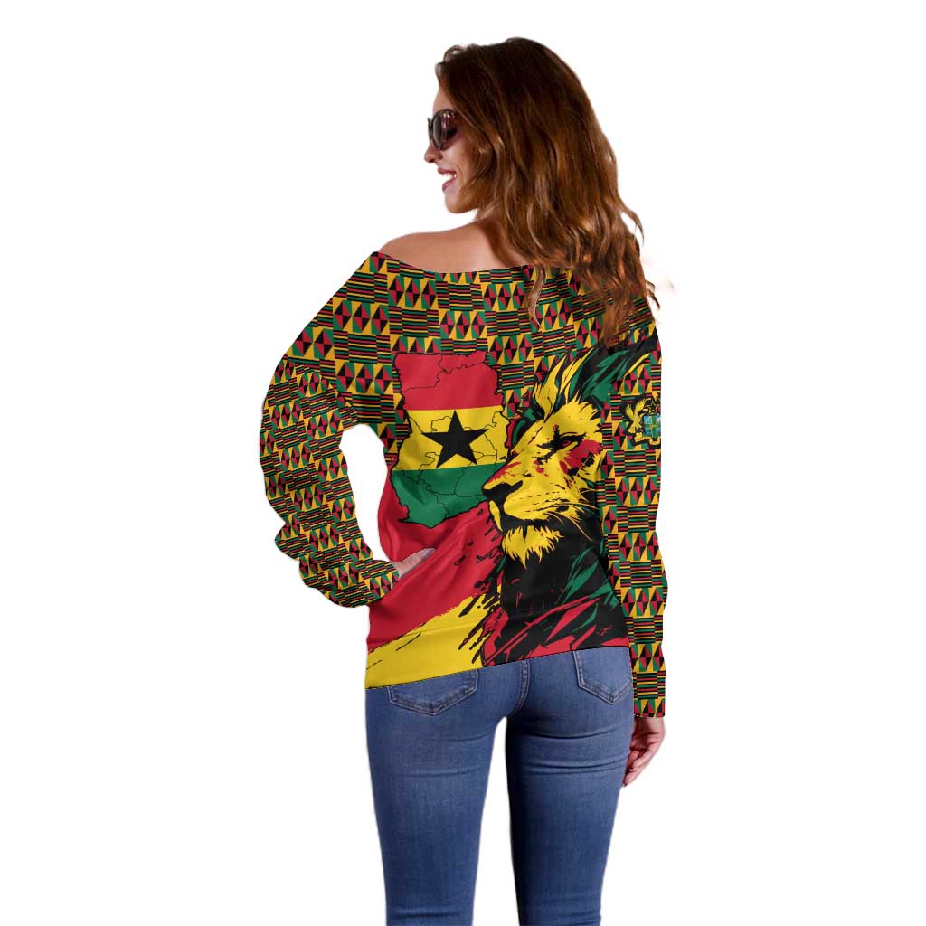 Ghana Lion Off Shoulder Sweater - Map & Coat of Arms Grunge Style Design