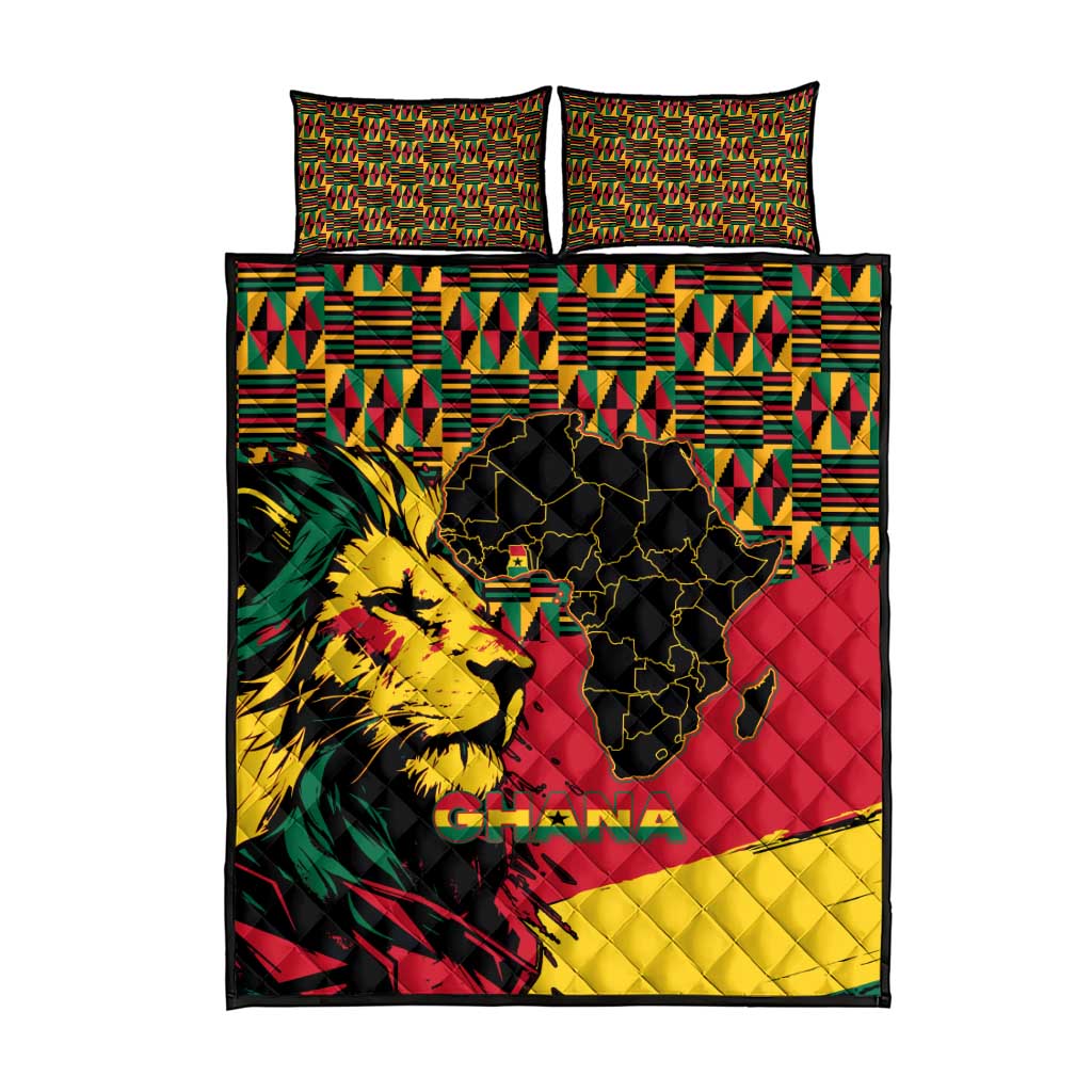 Ghana Lion Quilt Bed Set - Map & Coat of Arms Grunge Style Design