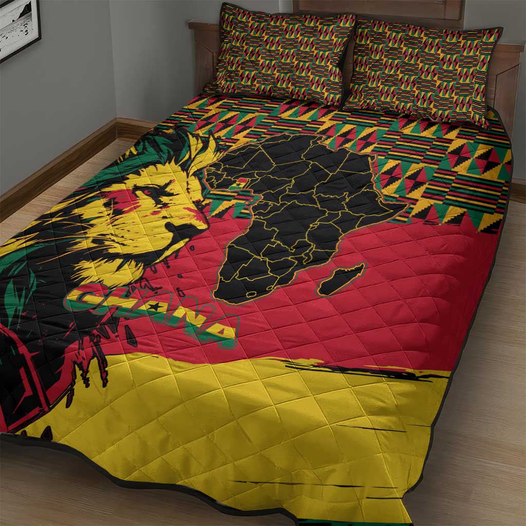 Ghana Lion Quilt Bed Set - Map & Coat of Arms Grunge Style Design