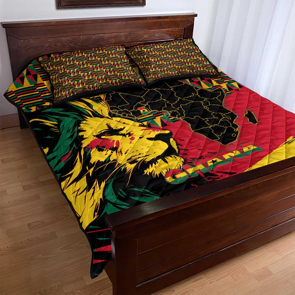 Ghana Lion Quilt Bed Set - Map & Coat of Arms Grunge Style Design