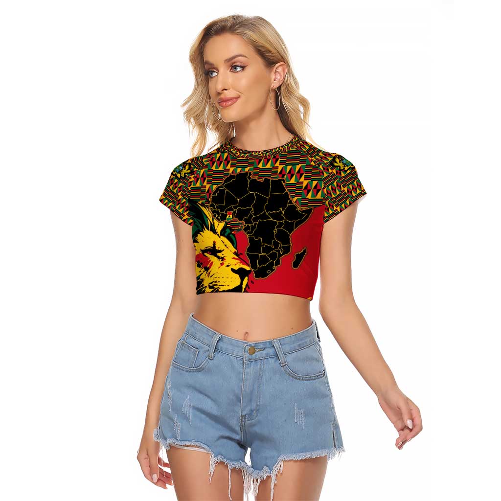 Ghana Lion Raglan Cropped T Shirt - Map & Coat of Arms Grunge Style Design