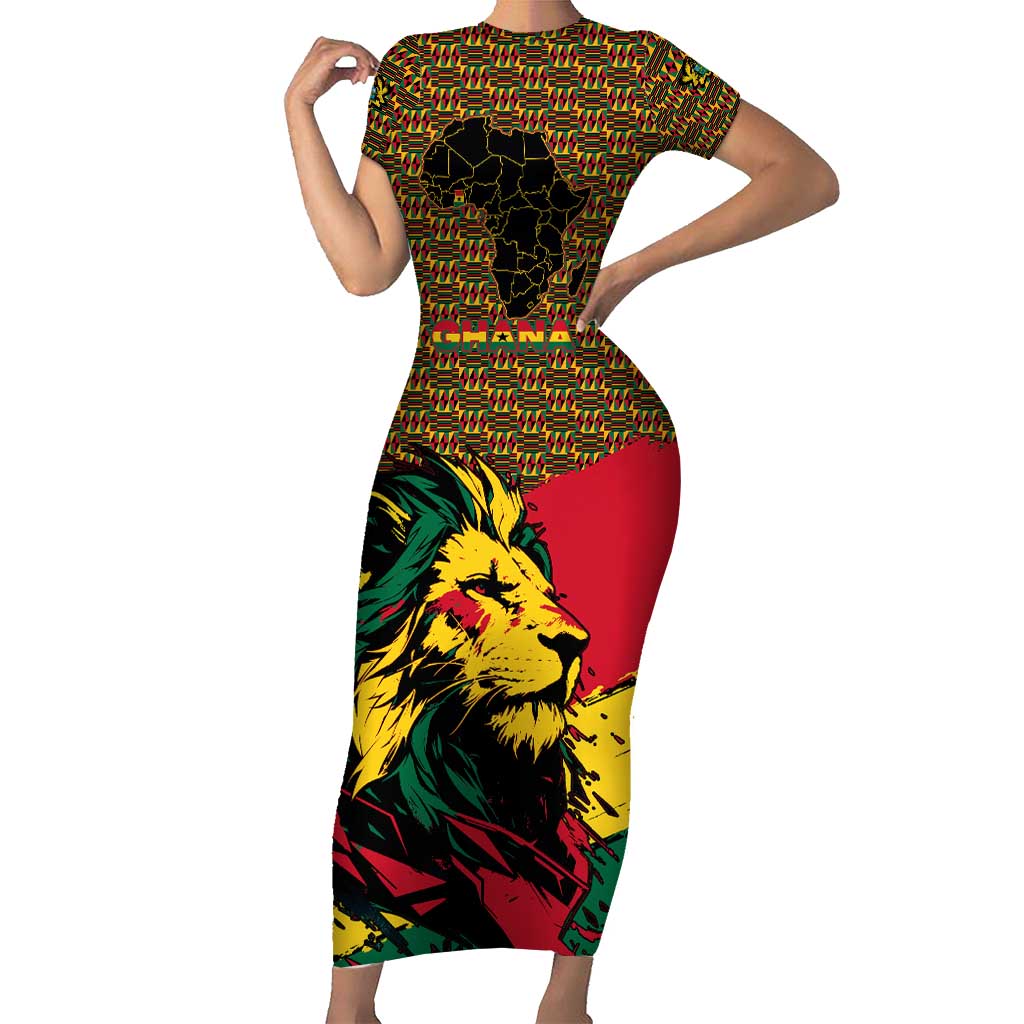 Ghana Lion Short Sleeve Bodycon Dress - Map & Coat of Arms Grunge Style Design