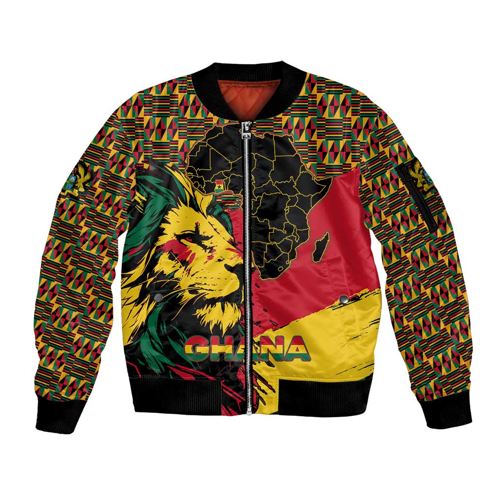 Ghana Lion Sleeve Zip Bomber Jacket - Map & Coat of Arms Grunge Style Design