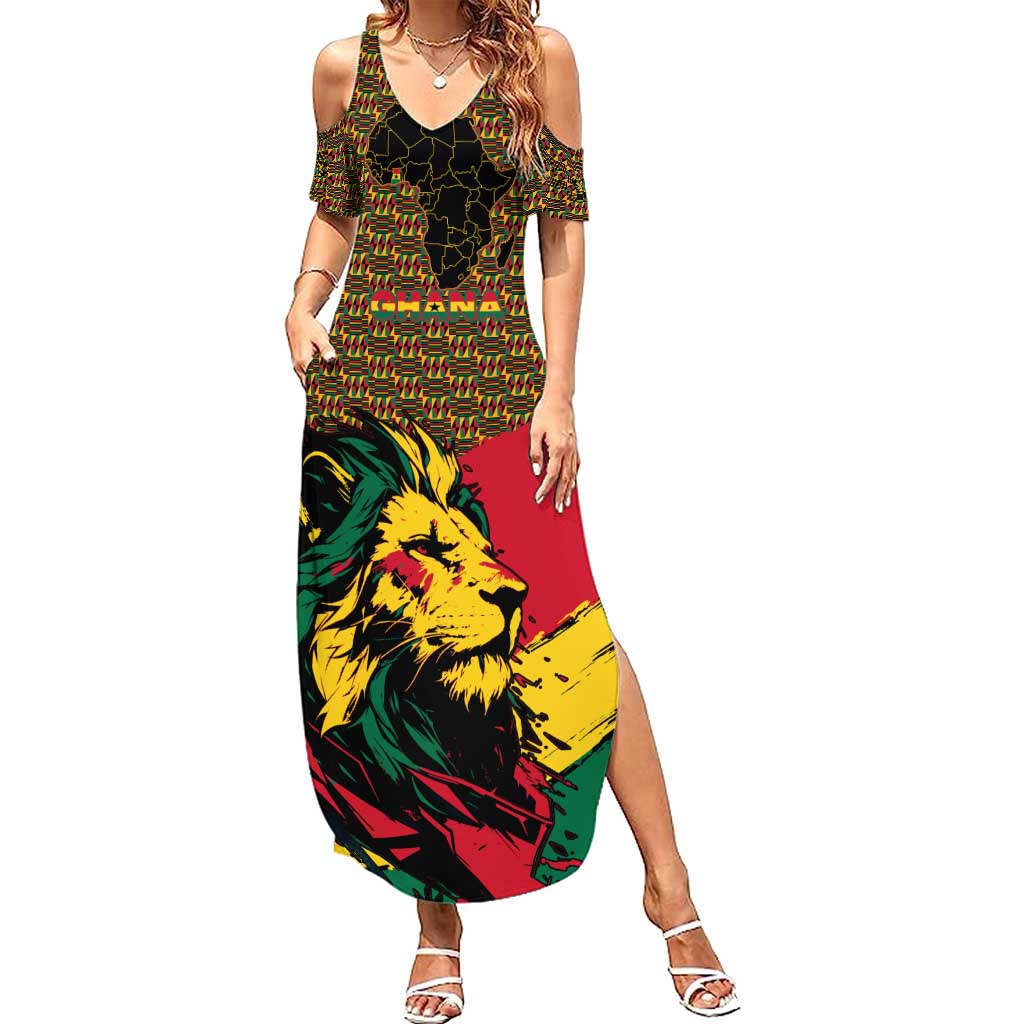 Ghana Lion Summer Maxi Dress - Map & Coat of Arms Grunge Style Design