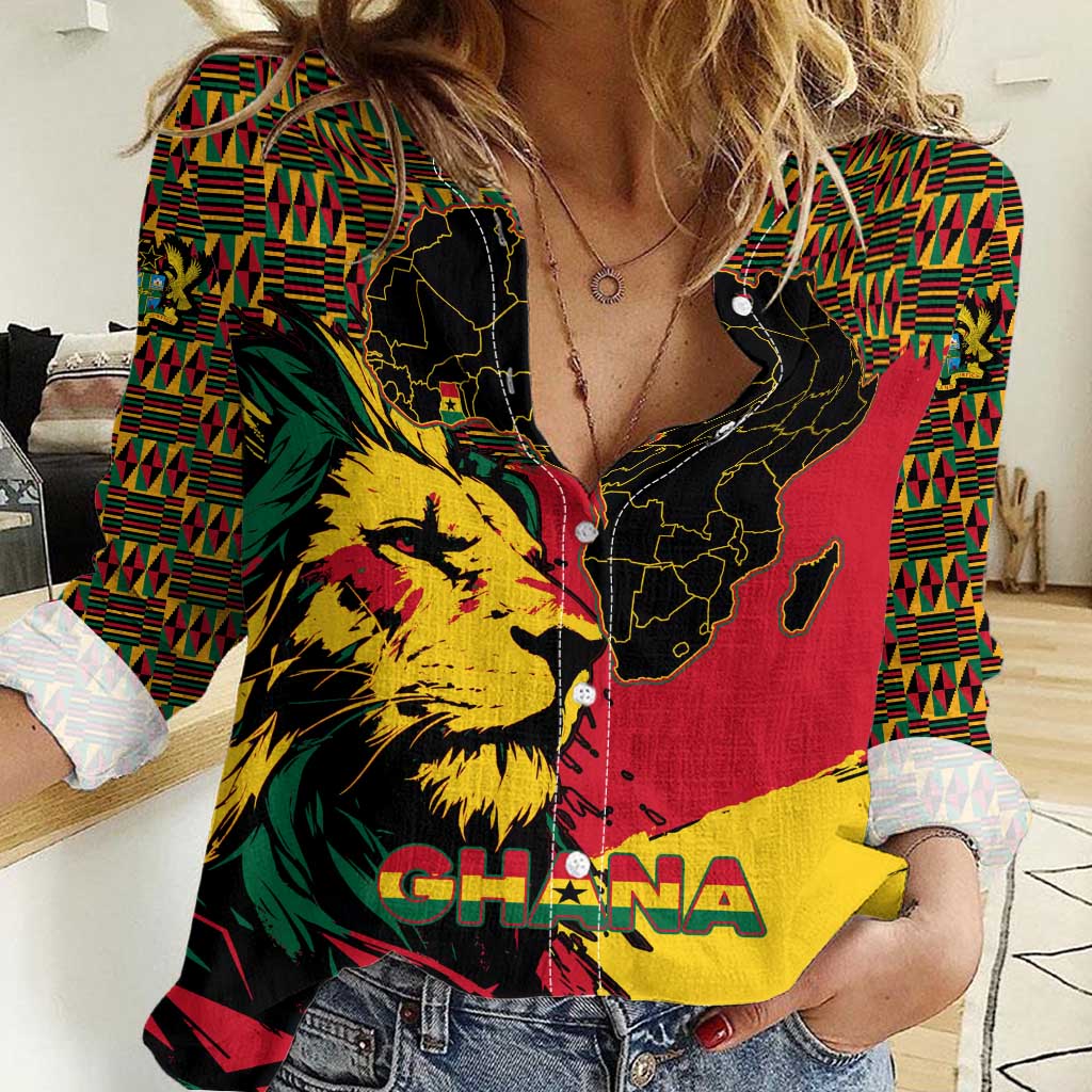 Ghana Lion Women Casual Shirt - Map & Coat of Arms Grunge Style Design