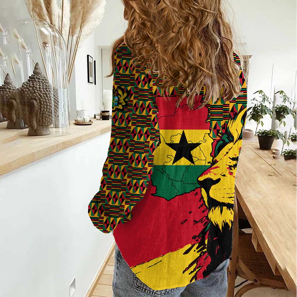 Ghana Lion Women Casual Shirt - Map & Coat of Arms Grunge Style Design