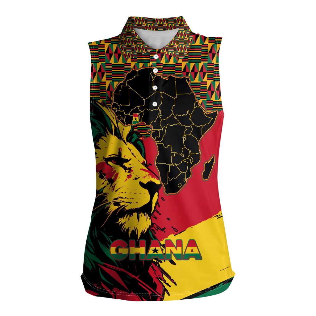 Ghana Lion Women Sleeveless Polo Shirt - Map & Coat of Arms Grunge Style Design