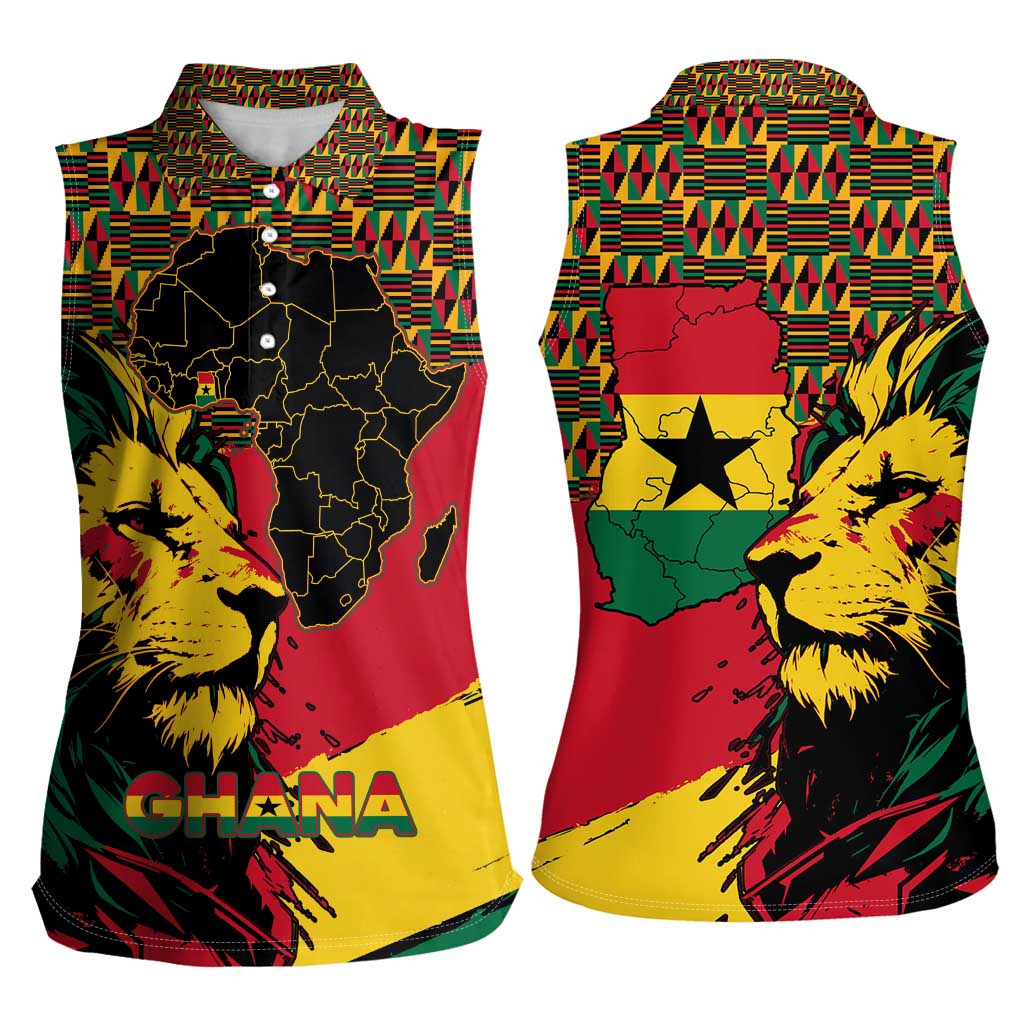 Ghana Lion Women Sleeveless Polo Shirt - Map & Coat of Arms Grunge Style Design