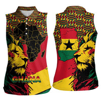 Ghana Lion Women Sleeveless Polo Shirt - Map & Coat of Arms Grunge Style Design