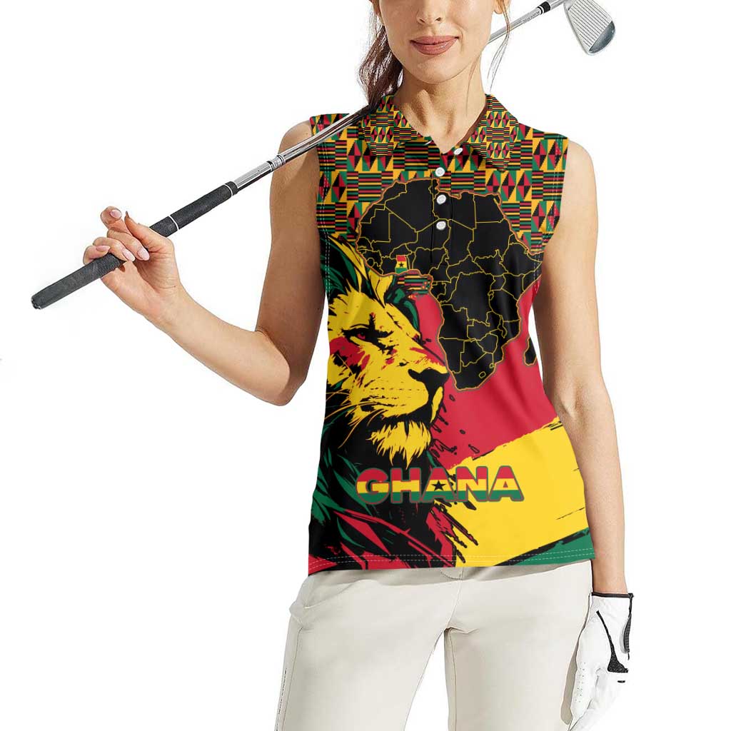 Ghana Lion Women Sleeveless Polo Shirt - Map & Coat of Arms Grunge Style Design