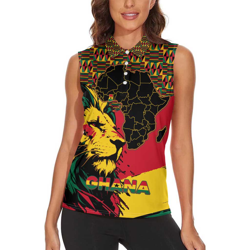 Ghana Lion Women Sleeveless Polo Shirt - Map & Coat of Arms Grunge Style Design