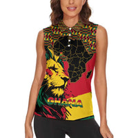 Ghana Lion Women Sleeveless Polo Shirt - Map & Coat of Arms Grunge Style Design