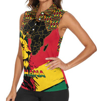 Ghana Lion Women Sleeveless Polo Shirt - Map & Coat of Arms Grunge Style Design