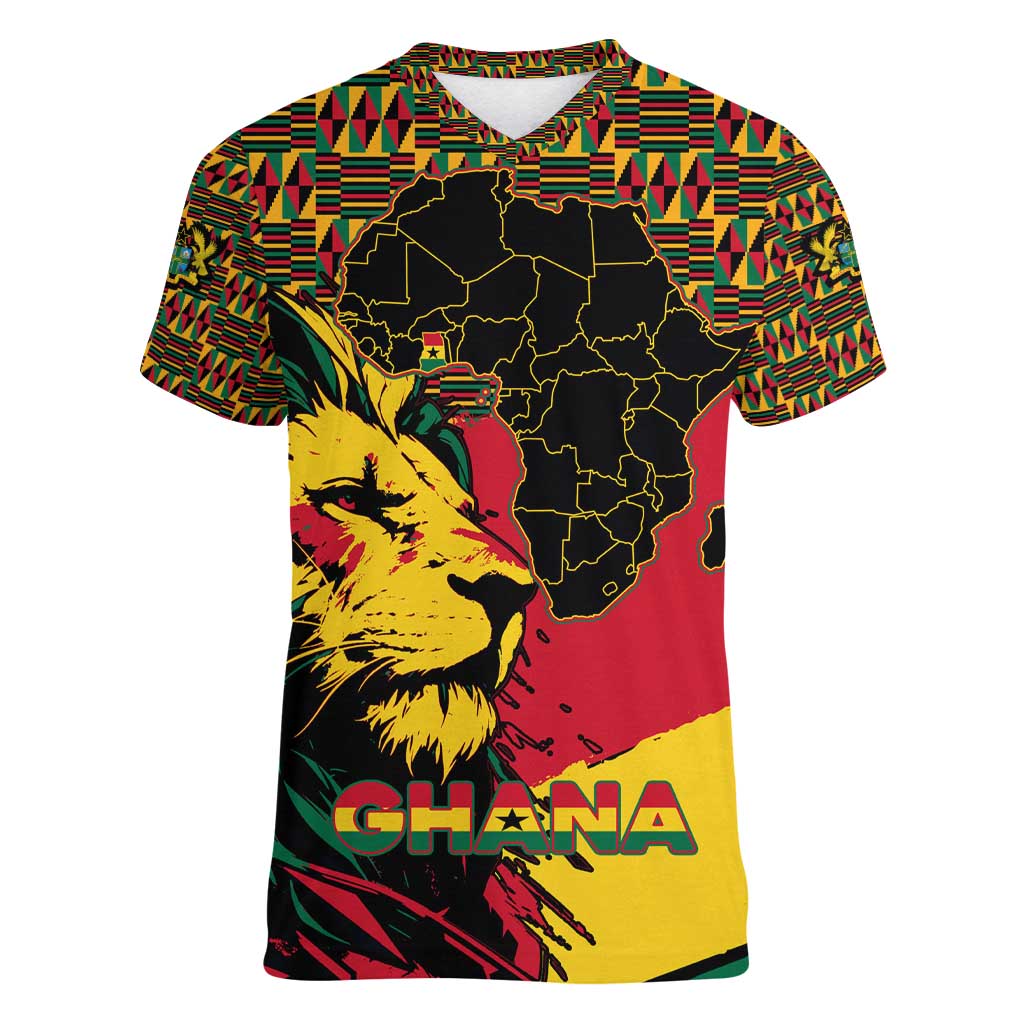 Ghana Lion Women V-Neck T-Shirt - Map & Coat of Arms Grunge Style Design
