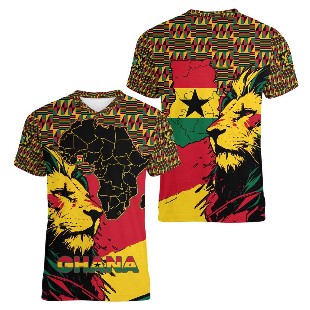 Ghana Lion Women V-Neck T-Shirt - Map & Coat of Arms Grunge Style Design