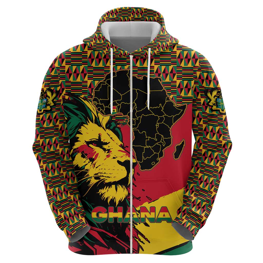 Ghana Lion Zip Hoodie - Map & Coat of Arms Grunge Style Design