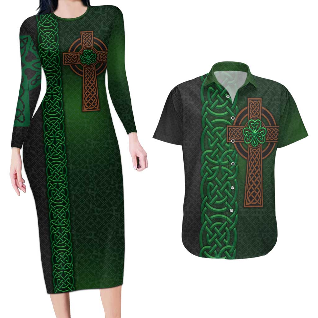 Ireland Celtic Knot and Clover Design Couples Matching Long Sleeve Bodycon Dress and Hawaiian Shirt