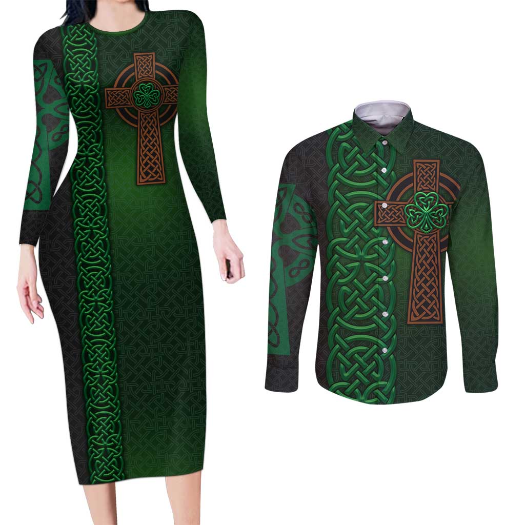 Ireland Celtic Knot and Clover Design Couples Matching Long Sleeve Bodycon Dress and Long Sleeve Button Shirt