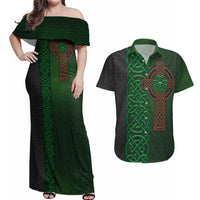 Ireland Celtic Knot and Clover Design Couples Matching Off Shoulder Maxi Dress and Hawaiian Shirt