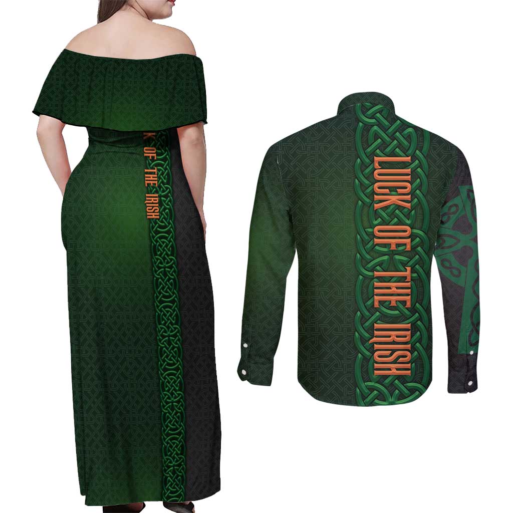Ireland Celtic Knot and Clover Design Couples Matching Off Shoulder Maxi Dress and Long Sleeve Button Shirt