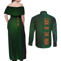Ireland Celtic Knot and Clover Design Couples Matching Off Shoulder Maxi Dress and Long Sleeve Button Shirt
