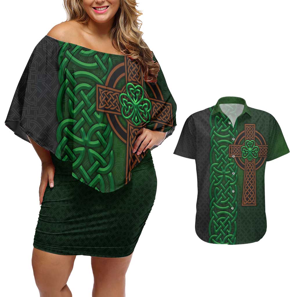 Ireland Celtic Knot and Clover Design Couples Matching Off Shoulder Short Dress and Hawaiian Shirt