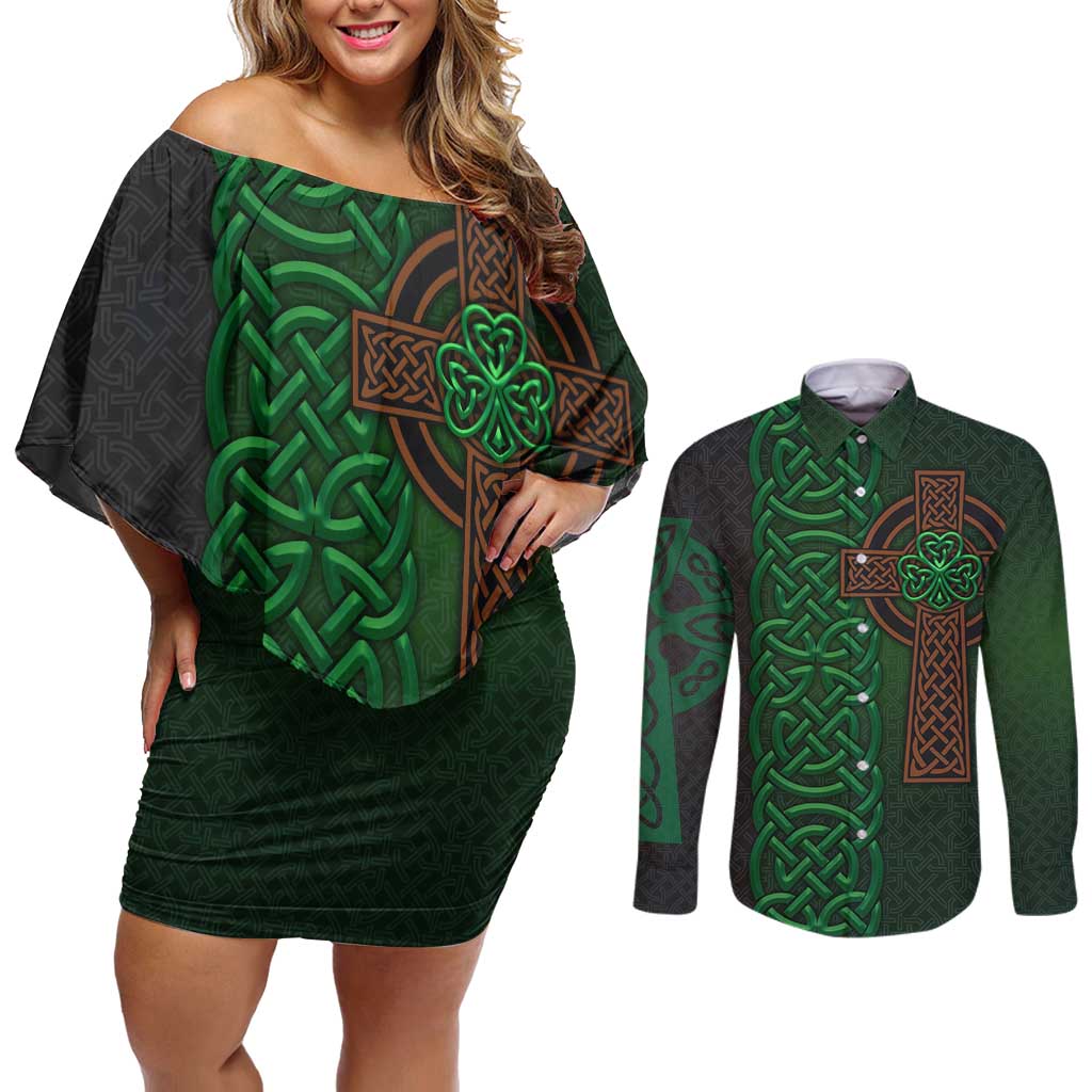 Ireland Celtic Knot and Clover Design Couples Matching Off Shoulder Short Dress and Long Sleeve Button Shirt