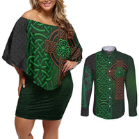 Ireland Celtic Knot and Clover Design Couples Matching Off Shoulder Short Dress and Long Sleeve Button Shirt