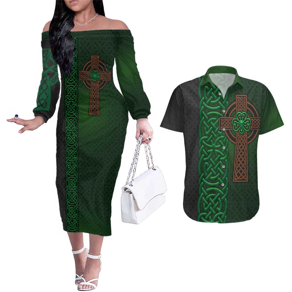 Ireland Celtic Knot and Clover Design Couples Matching Off The Shoulder Long Sleeve Dress and Hawaiian Shirt