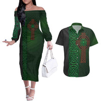 Ireland Celtic Knot and Clover Design Couples Matching Off The Shoulder Long Sleeve Dress and Hawaiian Shirt