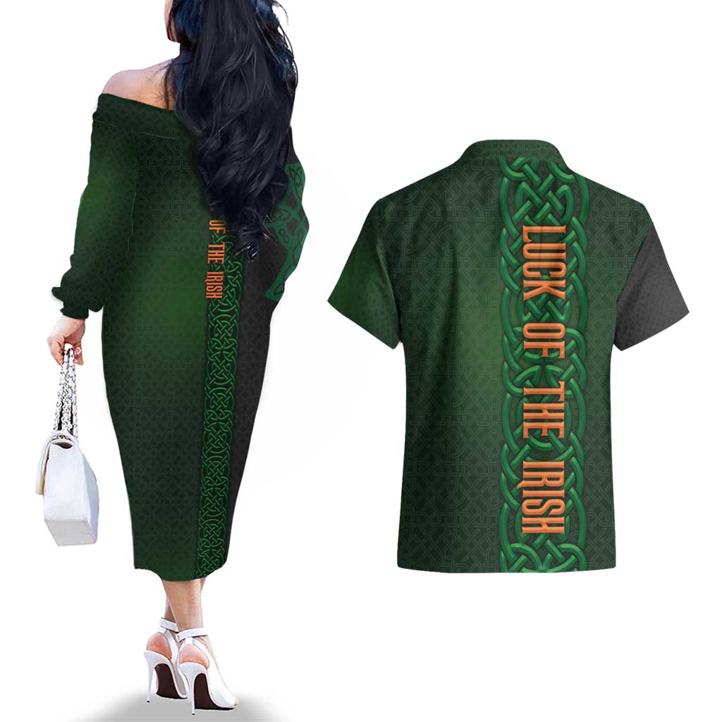 Ireland Celtic Knot and Clover Design Couples Matching Off The Shoulder Long Sleeve Dress and Hawaiian Shirt
