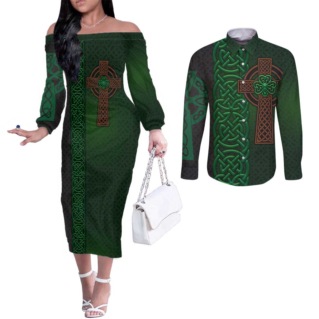 Ireland Celtic Knot and Clover Design Couples Matching Off The Shoulder Long Sleeve Dress and Long Sleeve Button Shirt