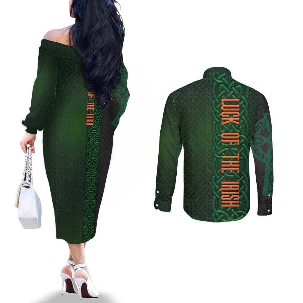 Ireland Celtic Knot and Clover Design Couples Matching Off The Shoulder Long Sleeve Dress and Long Sleeve Button Shirt