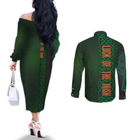 Ireland Celtic Knot and Clover Design Couples Matching Off The Shoulder Long Sleeve Dress and Long Sleeve Button Shirt