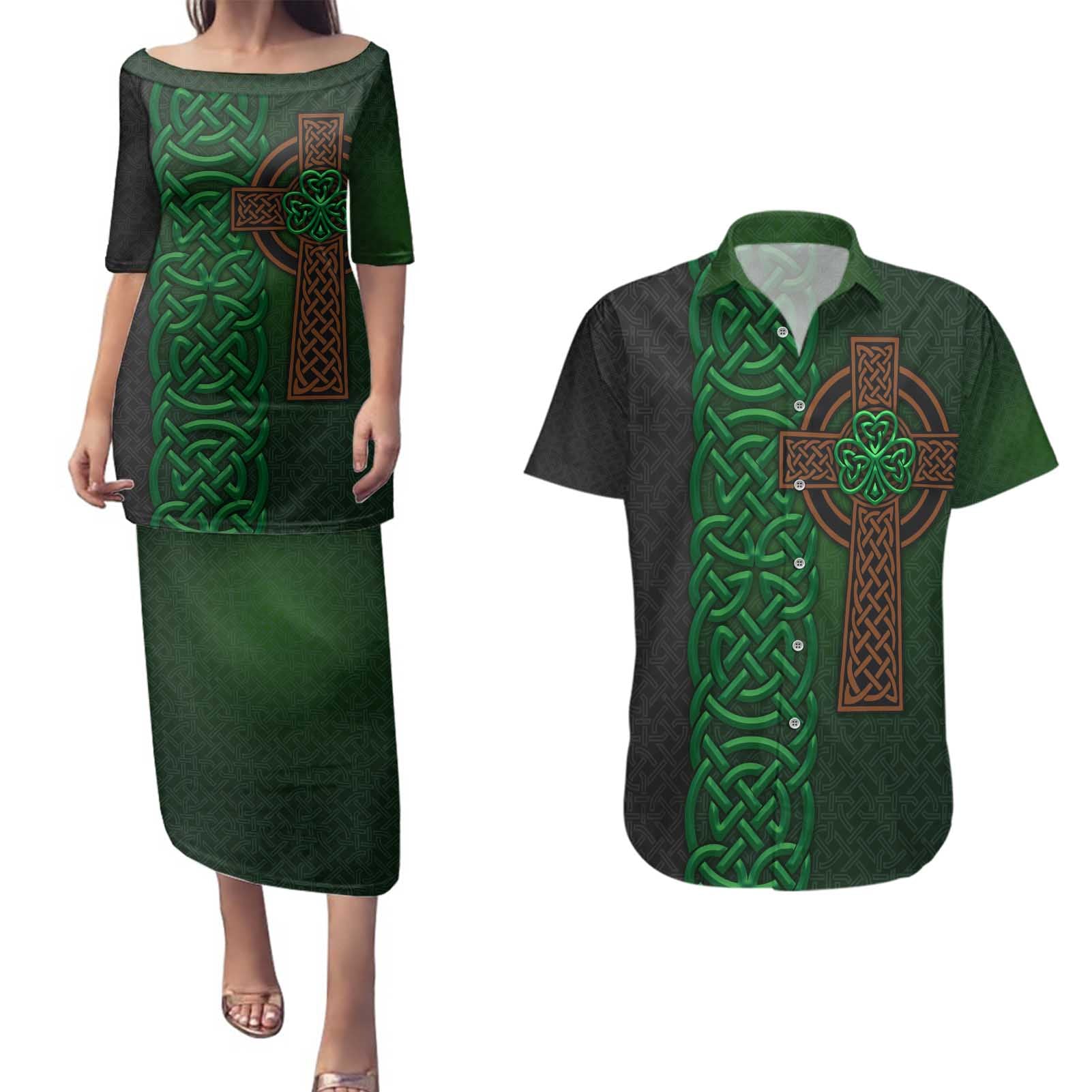 Ireland Celtic Knot and Clover Design Couples Matching Puletasi and Hawaiian Shirt